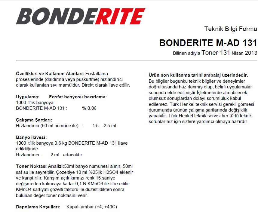 BONDERITE KALİTE